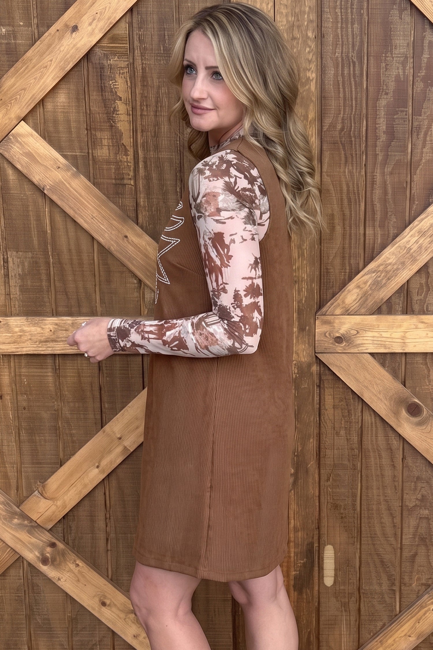 Coffee Geometric Embroidery Sleeveless Corduroy Shift Dress Secondary image