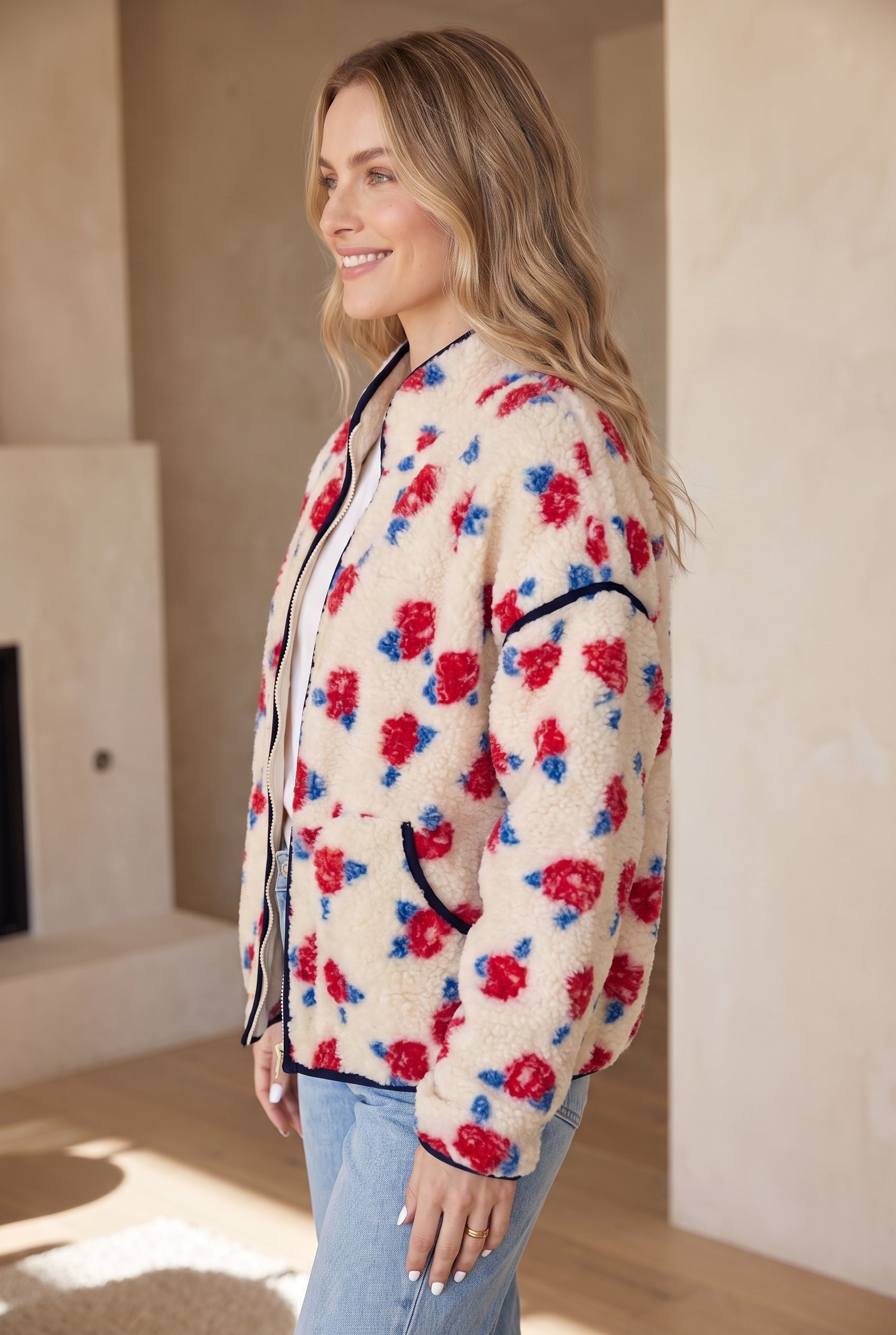 White Floral Print Zipper Stand Neck Outerwear Fleece Coat Secondary image