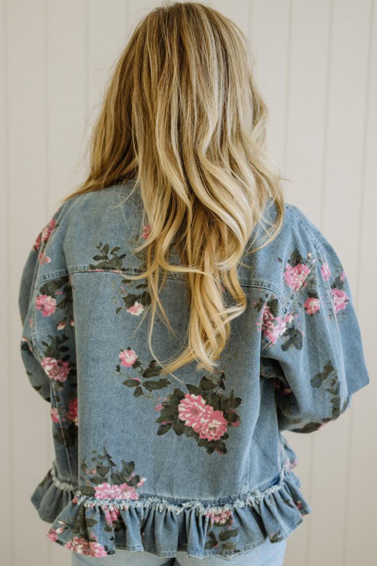 Sky Blue Floral Print Raw Seam Ruffle Hem Denim Jacket Secondary image