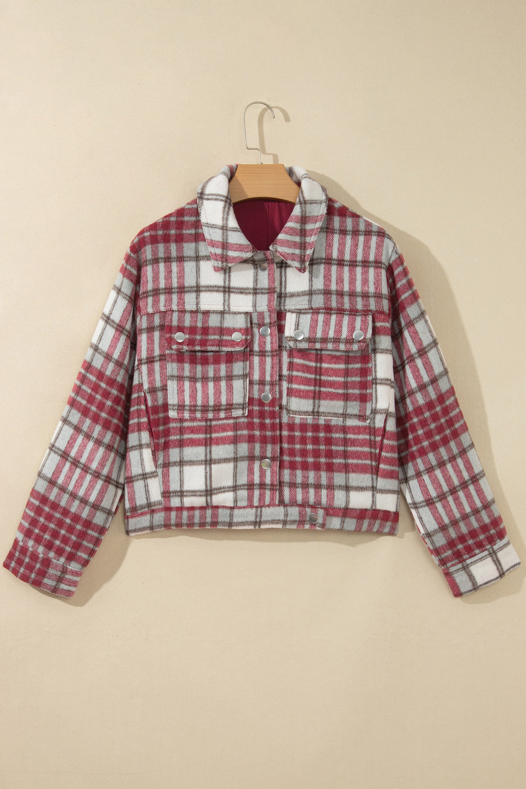 Red Plaid Flannel Metal Button Collar Long Sleeve Vintage Shift Jacket