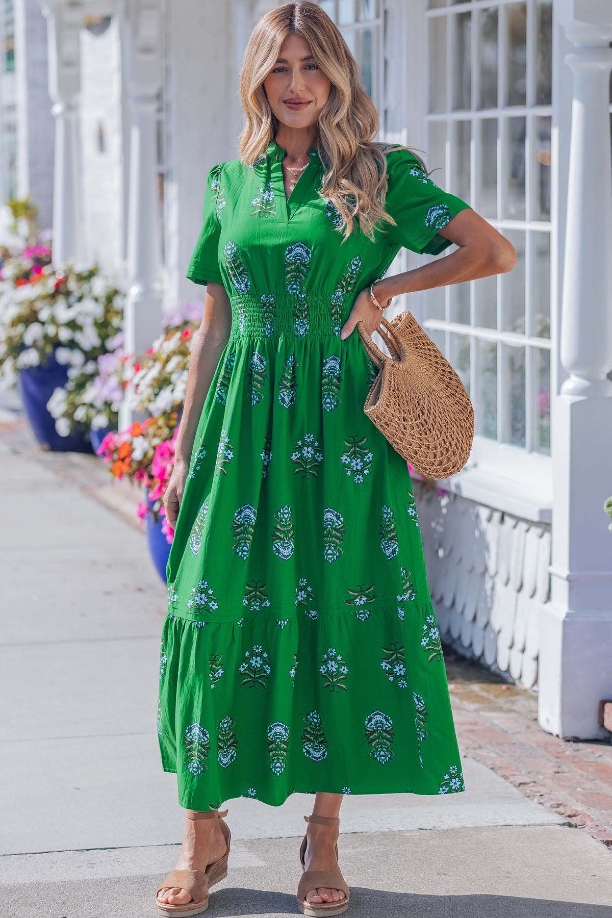 Green Floral Print Split Neck Shirred High Waist Ruffle Hem Maxi Dress Main image