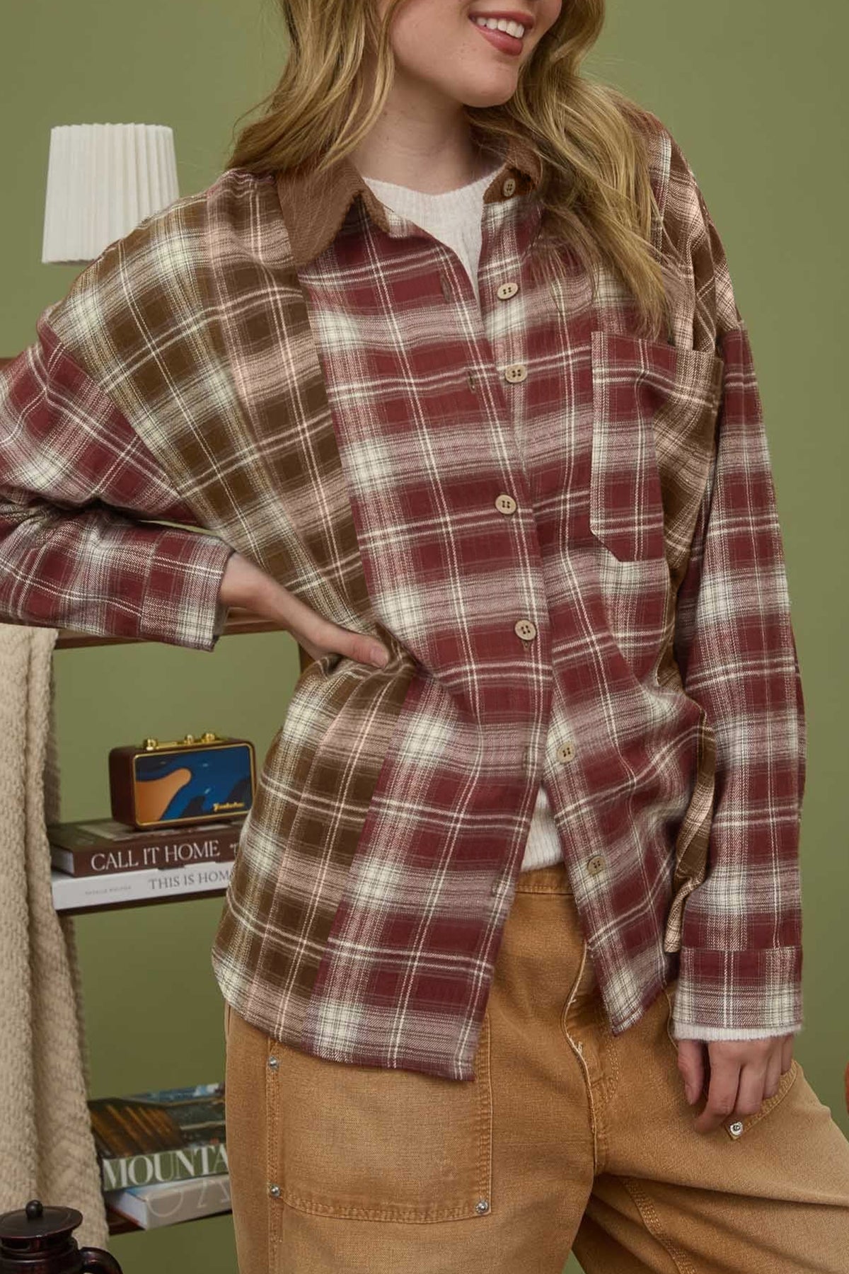 Red Contrast Plaid Long Sleeve Button Down Shacket Main image
