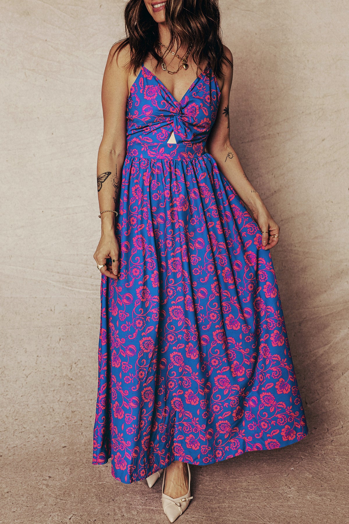Blue Floral Print Twisted V Neck Tied Backless Maxi Dress