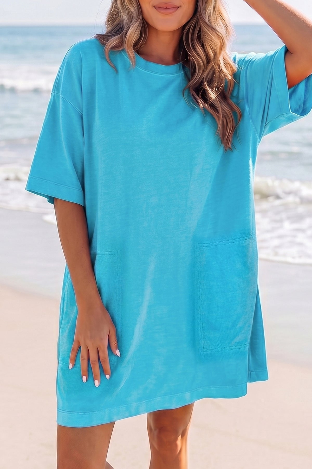 Light Blue Drop Shoulder Loose Casual T Shirt Mini Dress Main image