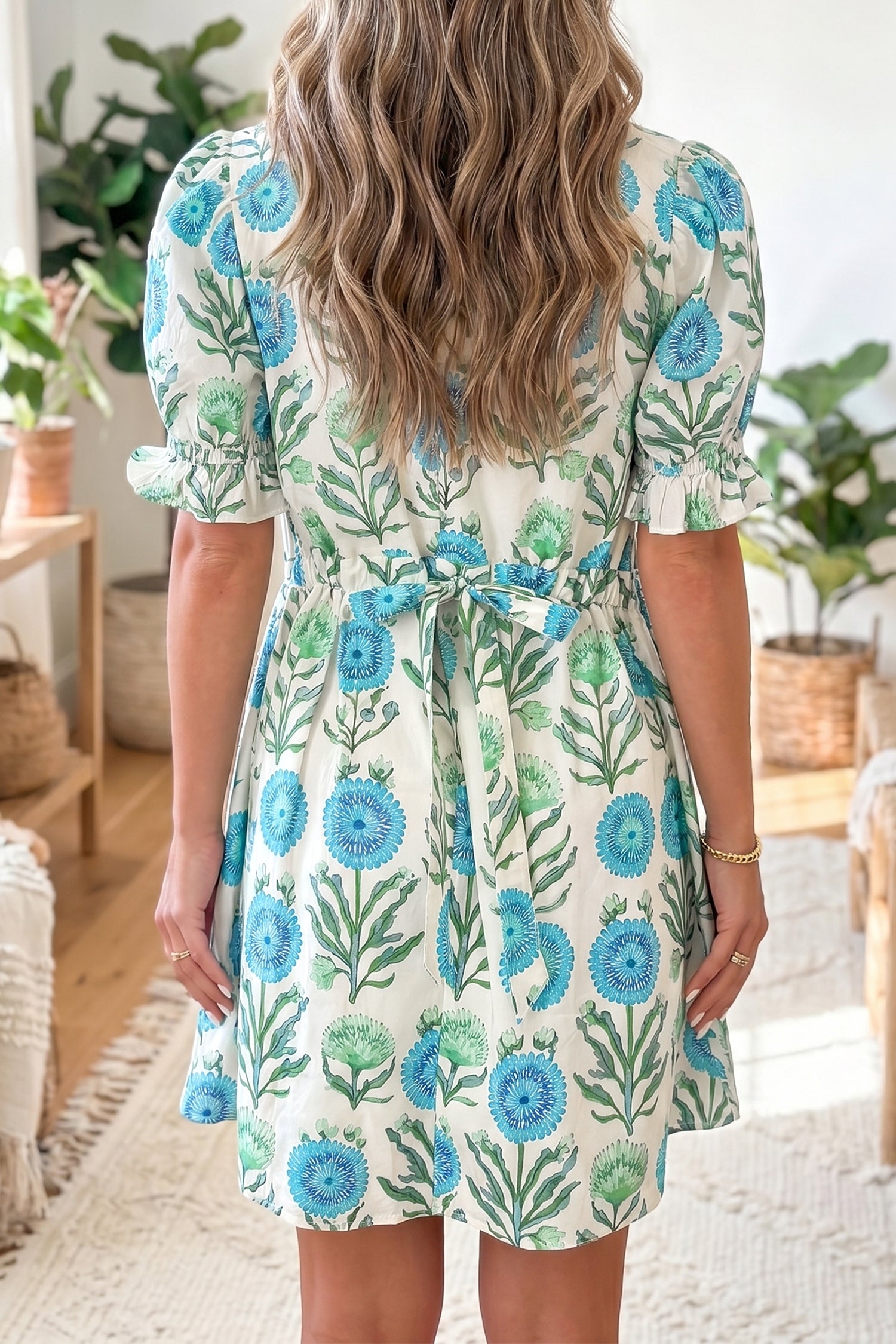 Sky Blue Floral Print Half Button Frilly Short Sleeve Dress Secondary image