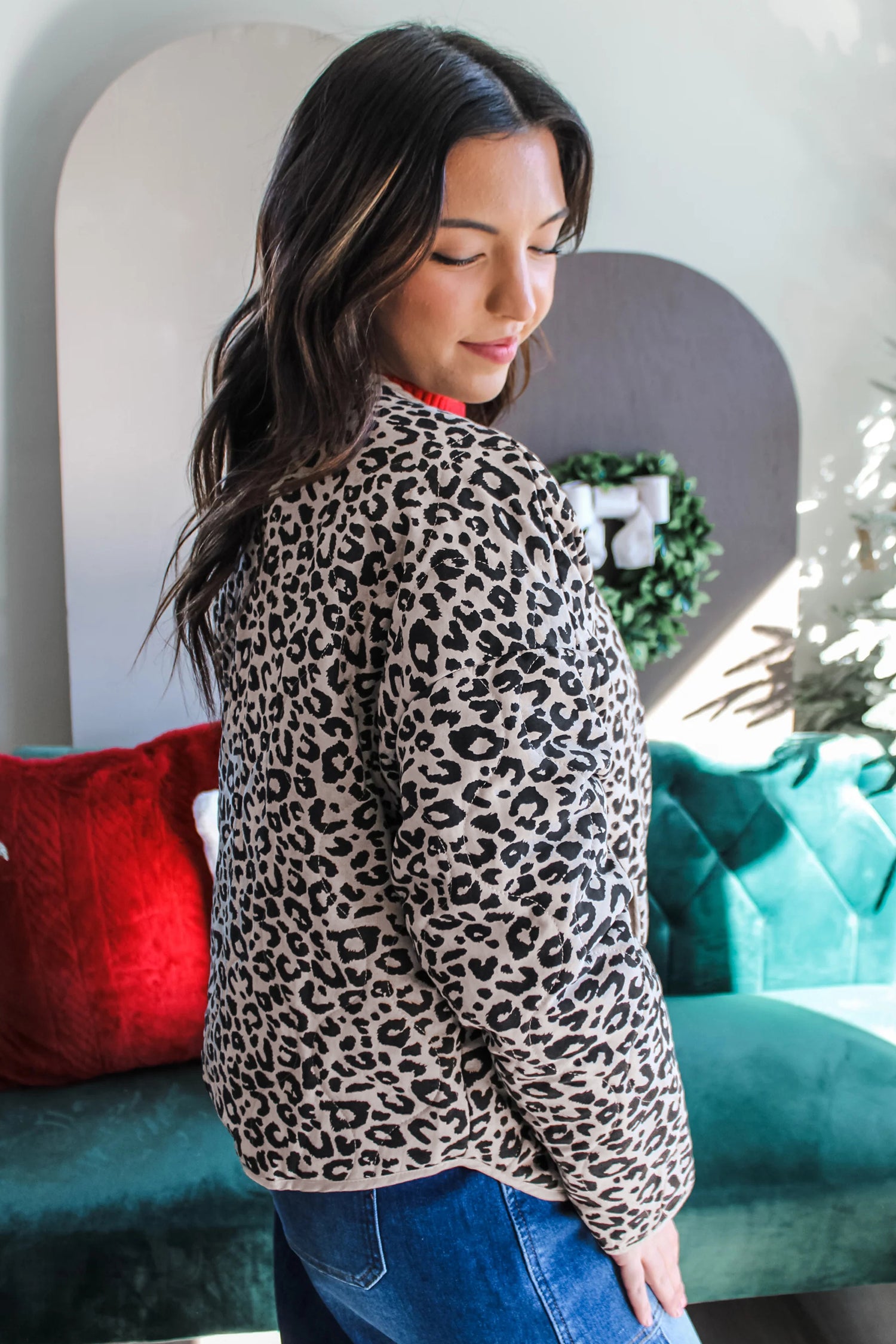 Khaki Leopard Print Patch Pockets Binding Tape Long Sleeve Regular Fit Jacket Secondary image