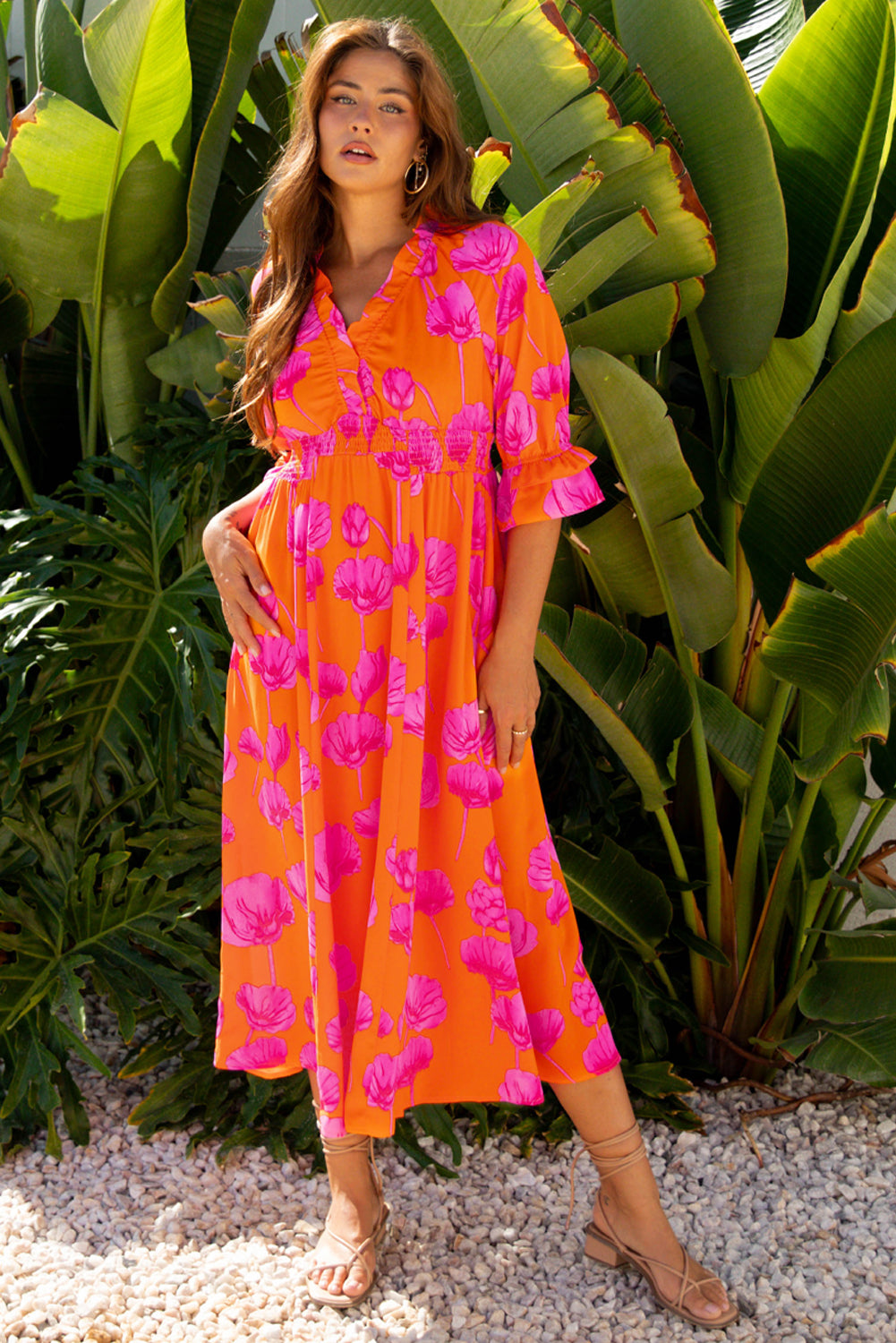 Orange Floral Print Frilly Smocked V Neck 3/4 Sleeve Long Dress Main image