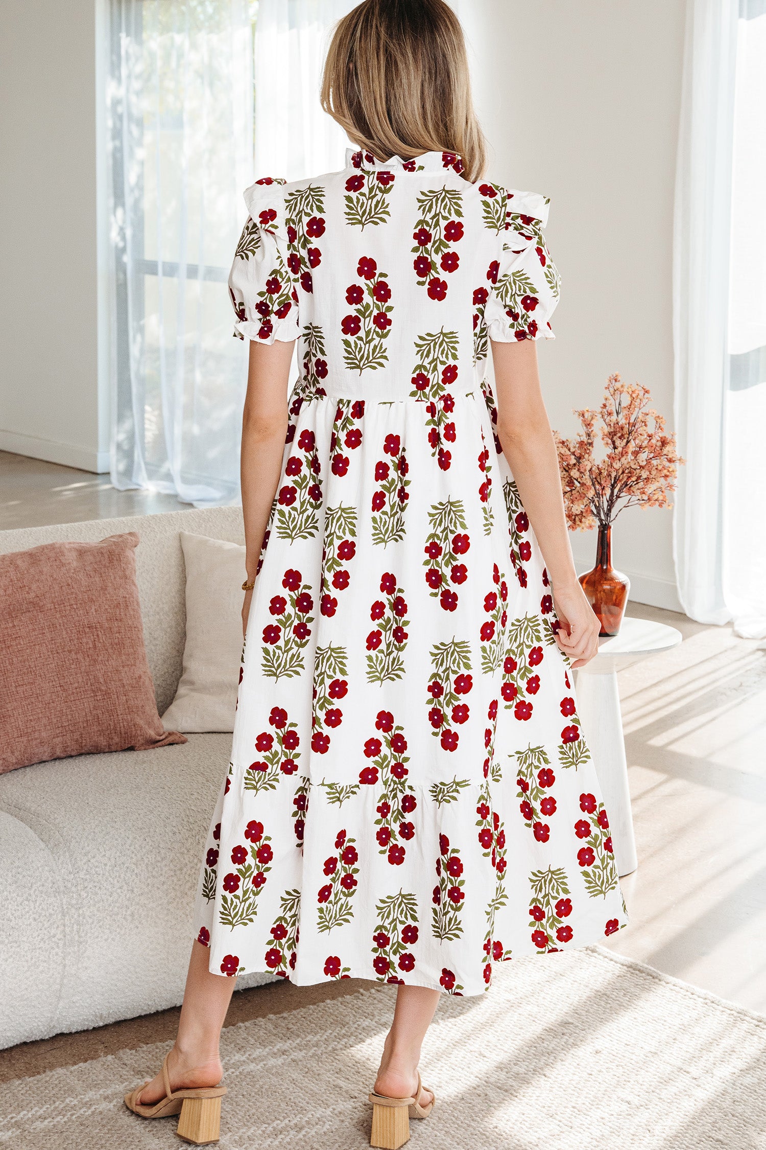 Beige Floral Short Bubble Sleeve Tiered Maxi Dress Secondary image