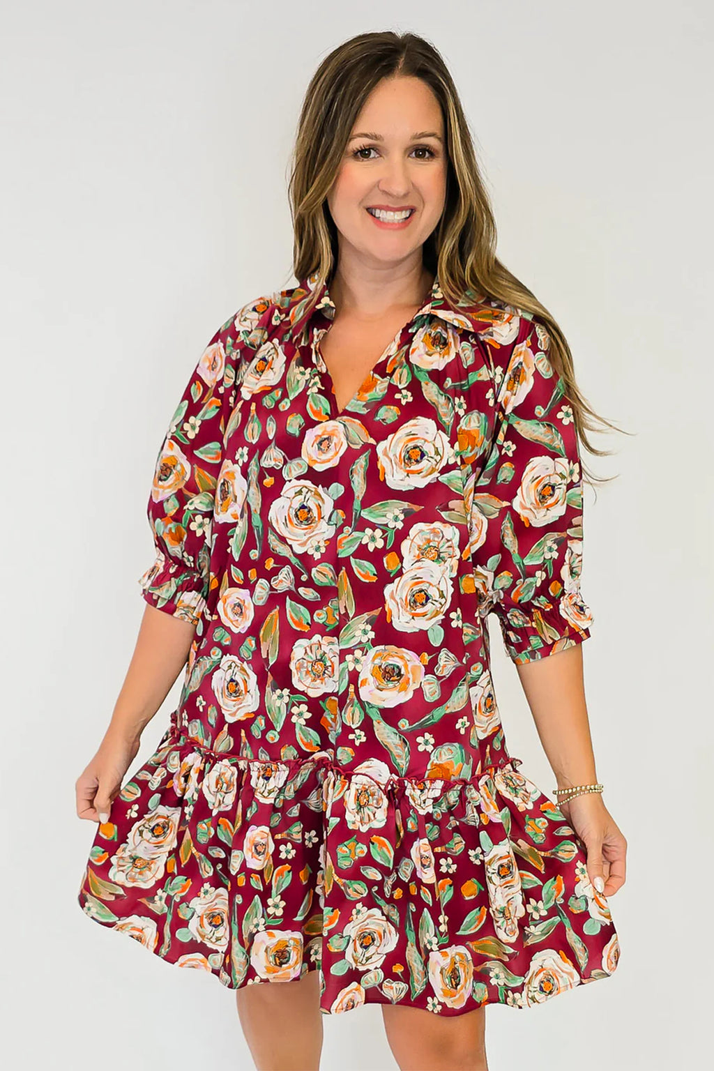 Red 100% Cotton Floral Print Half Sleeve Short Shift Dress