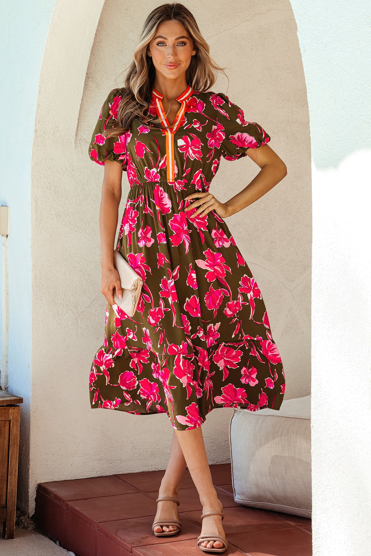 Green Floral Print Striped Trim Split Neck Short Puff Sleeve Ruffle Hem Maxi Dress Main image