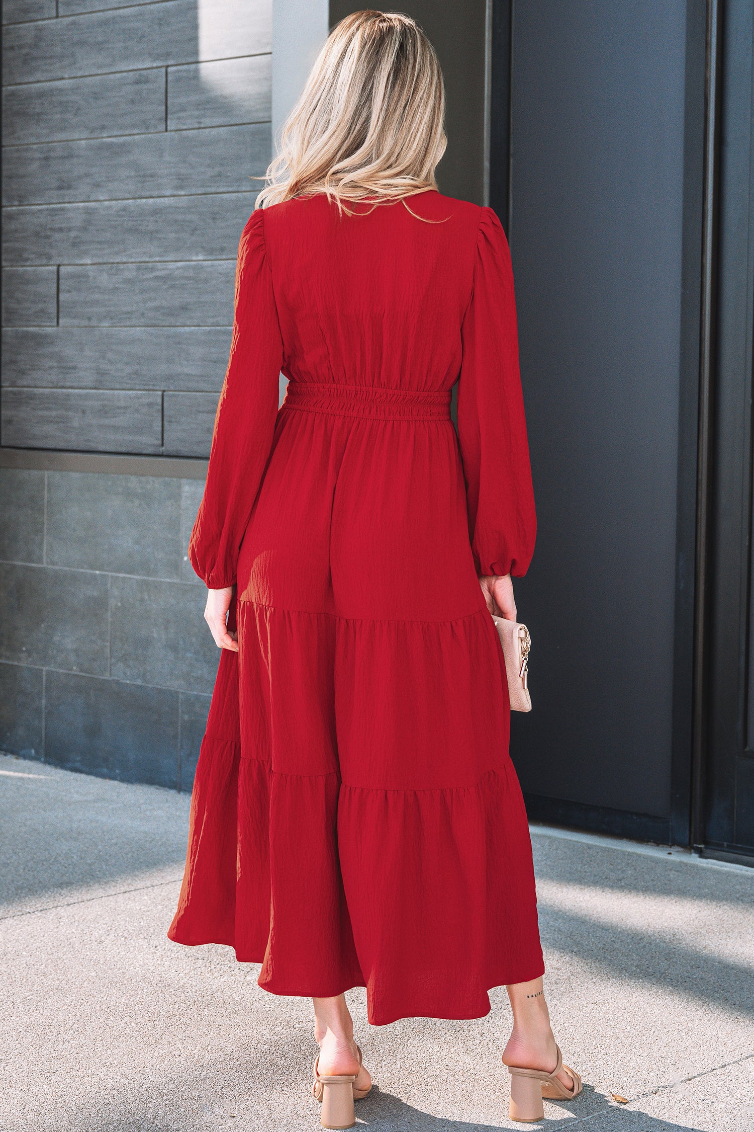 Racing Red Contrast Embroidered Detail Cinched Waist Tiered Long Sleeve Maxi Dress Secondary image