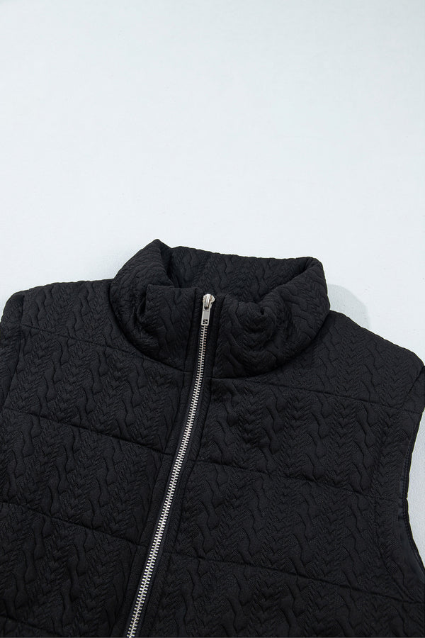 Black Textured Quilted Stand Neck Zipper Winter Vest
