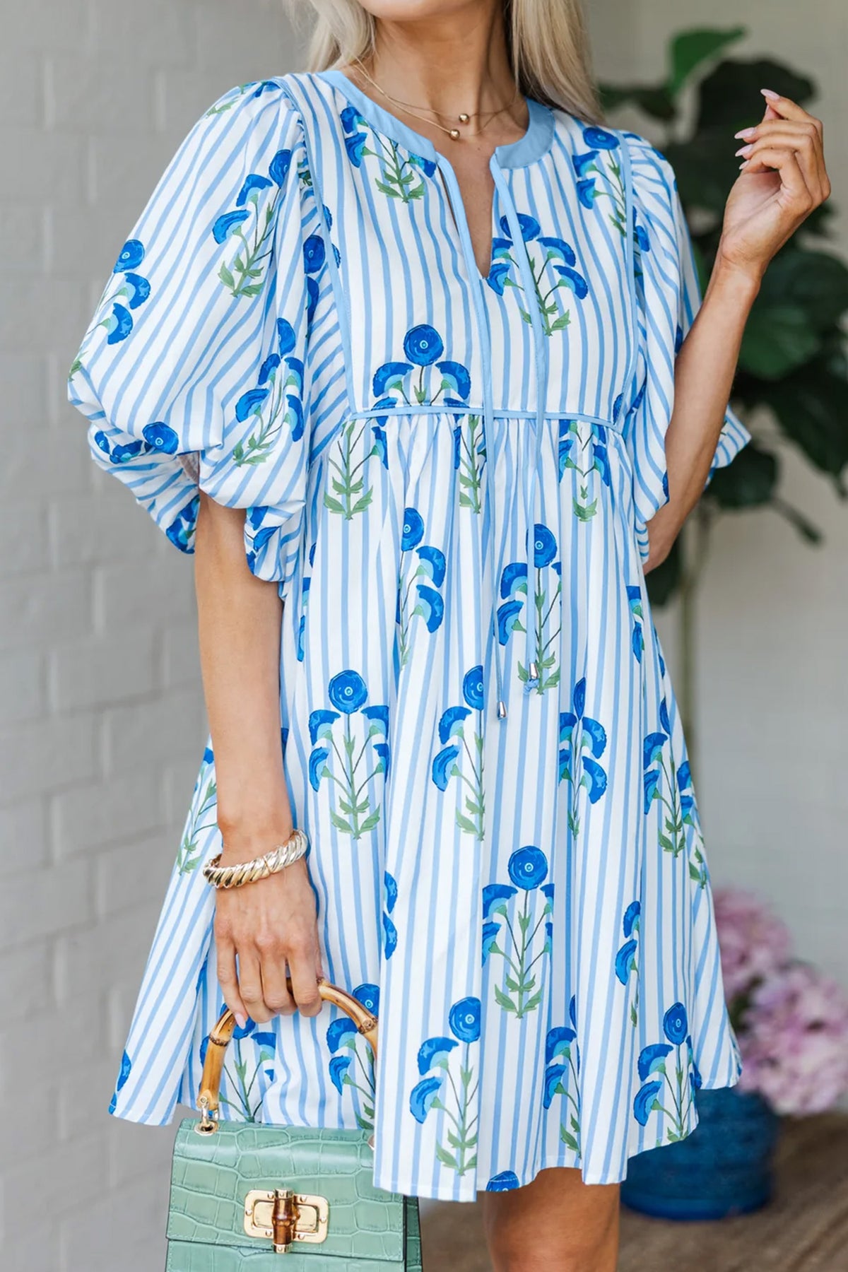Sky Blue Floral Striped Print Tie Notched Neck Puff Sleeve Flared Mini Dress Main image