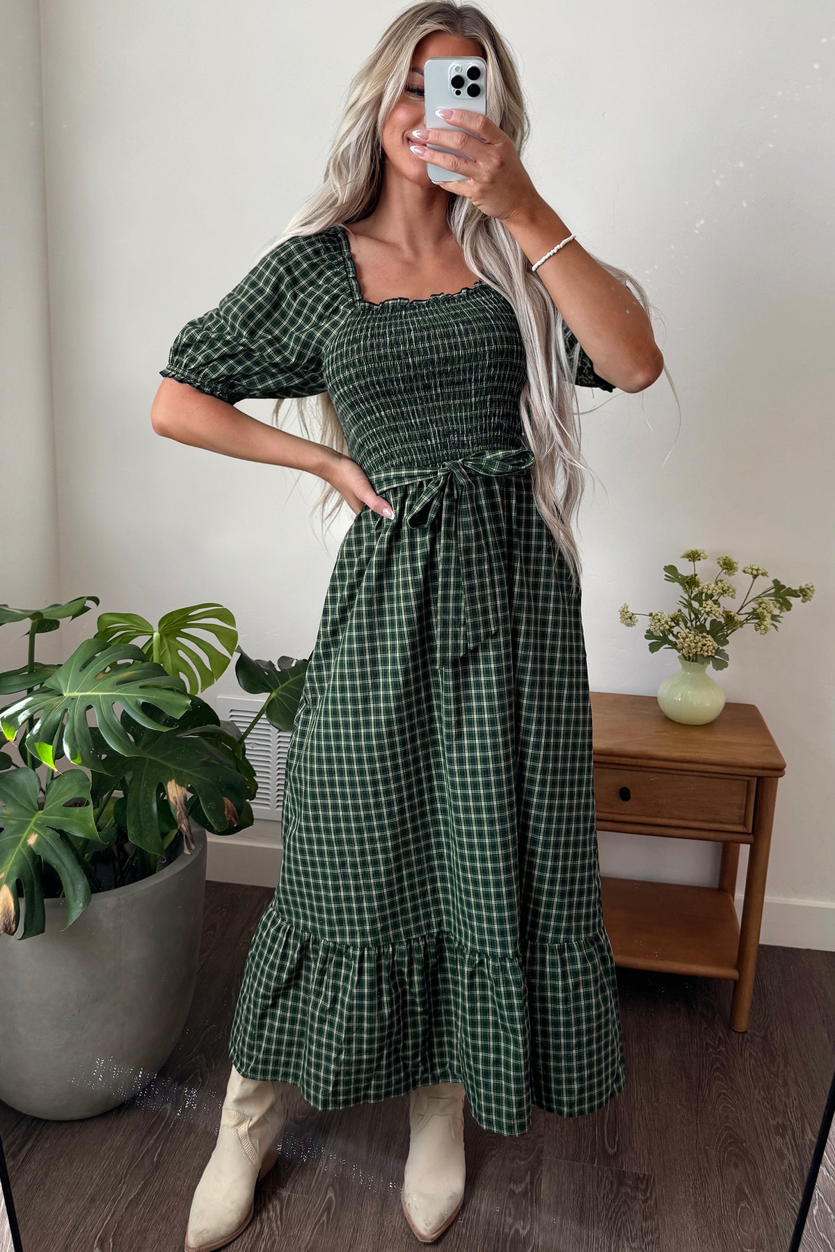 Green Plaid Square Neck Shirred High Waist Ruffle Hem Dress Main image