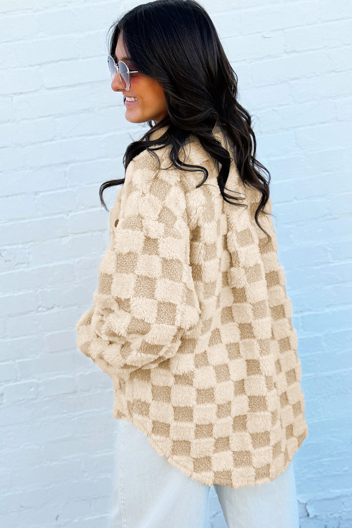 Khaki Plush Checkered Corduroy Trim Metal Button Long Sleeve Shift Silhouette Shacket Secondary image