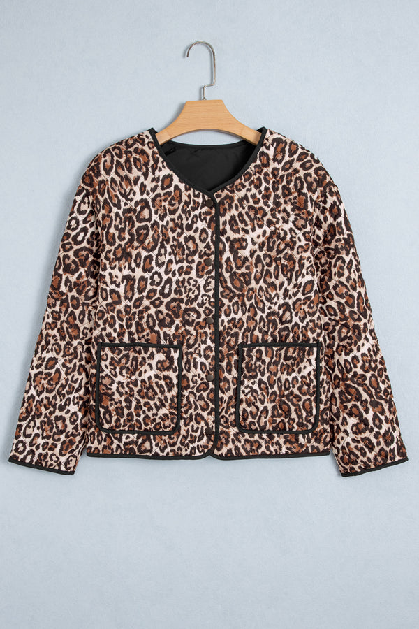 Brown Leopard Print Quilted Button Front Patch Pockets Jacket