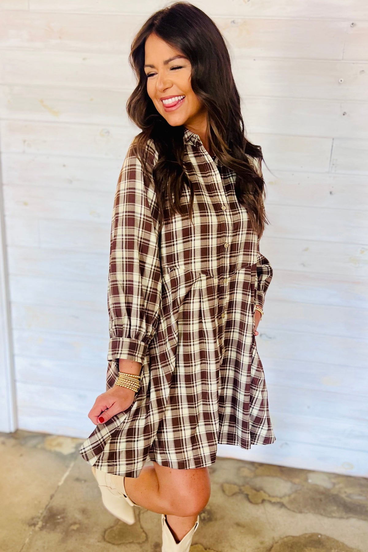 Brown 100% Cotton Plaid Long Sleeve Short Shift Mini Dress