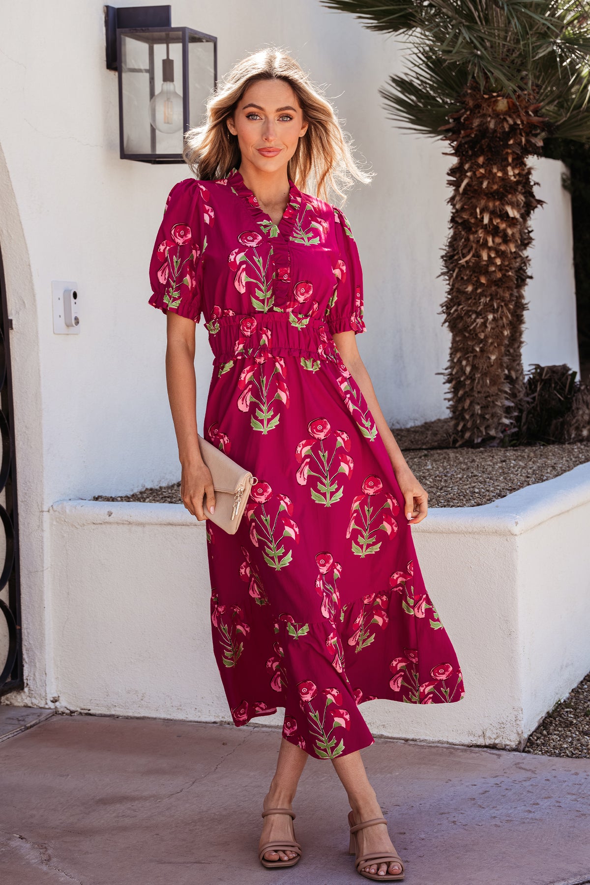 Red Floral Print Frilled V Neck Short Sleeve Ruffle Maxi Dress Main image