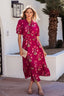Red Floral Print Frilled V Neck Short Sleeve Ruffle Maxi Dress