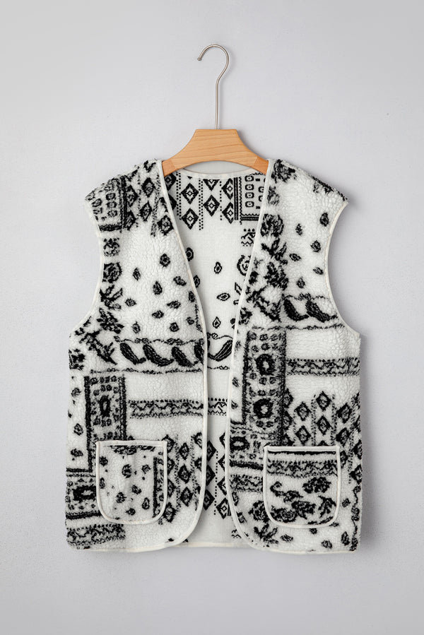 Brown Sherpa Paisley Print Pocketed Western Fashion Vest Jacket
