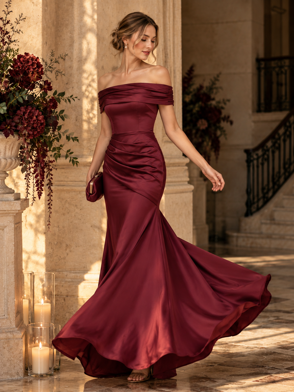 Wholesale Burgundy Off Shoulder Mermaid Evening Gown