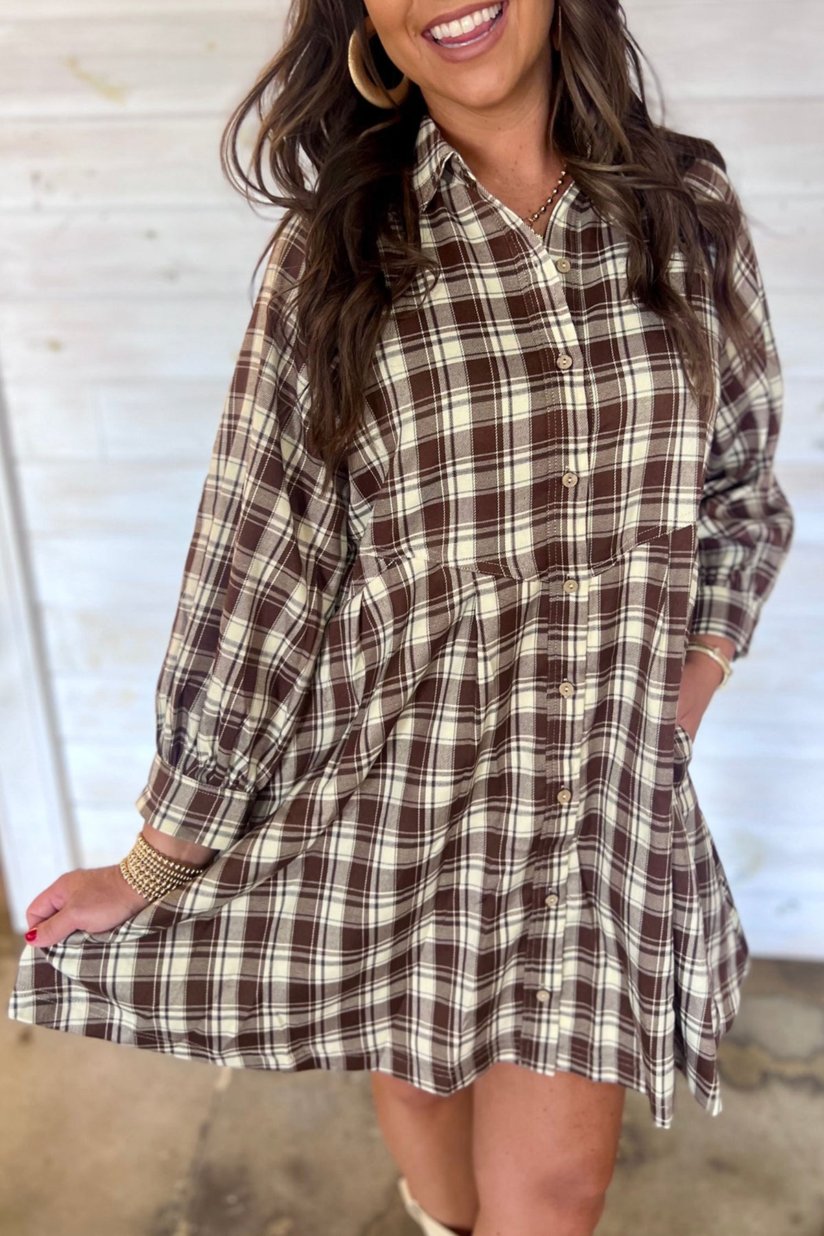 Brown 100% Cotton Plaid Long Sleeve Short Shift Mini Dress
