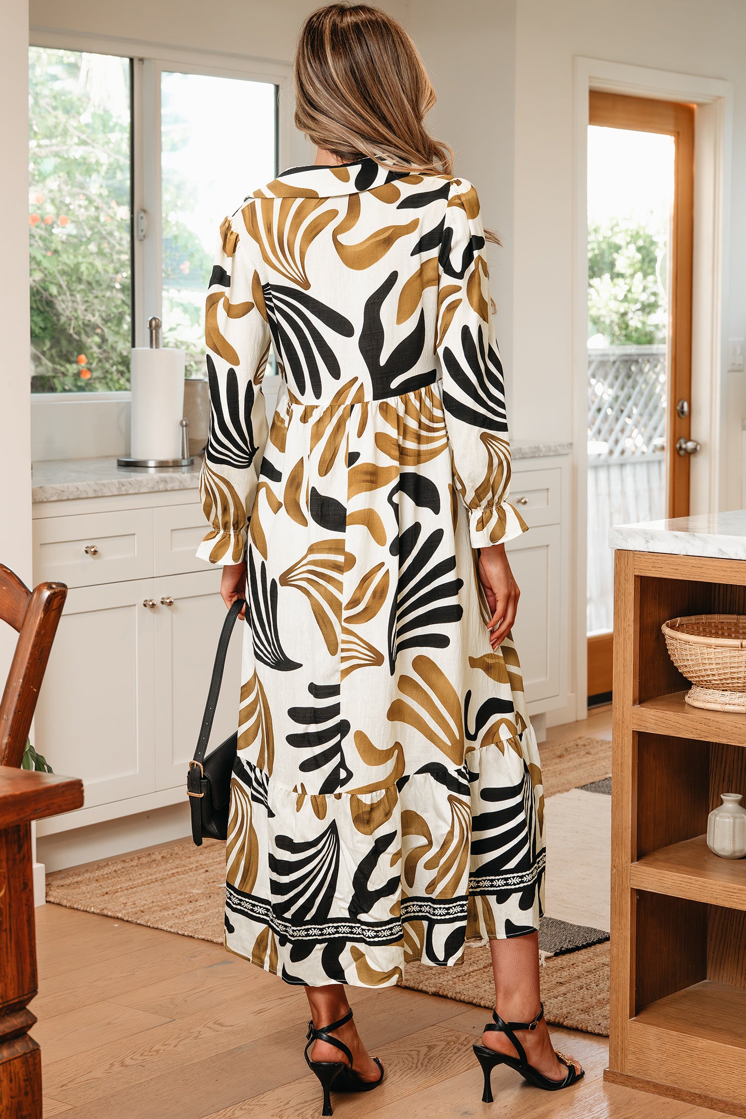 Brown Tropical Printed Contrast Trim Neck Long Sleeve Ruffle Hem Dress Secondary image