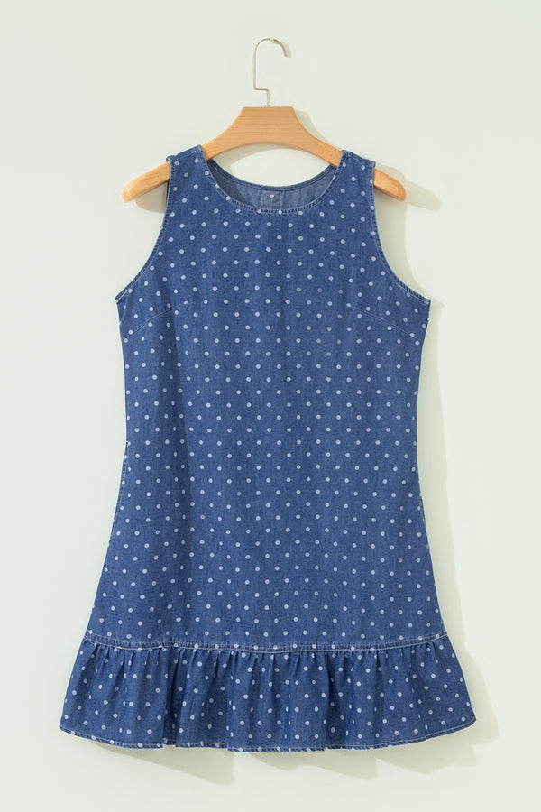Blue Polka Dot Ruffle Hem Sleeveless Denim Mini Dress