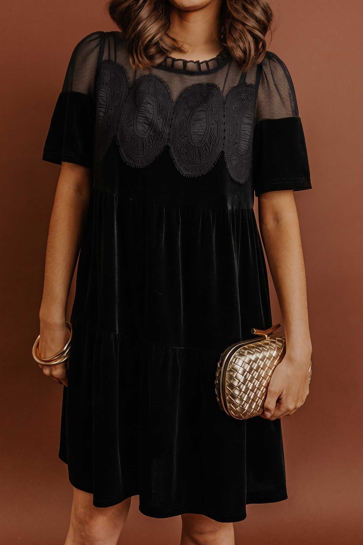 Black Embroidered Velvet Short Sleeve Mini Shift Dress Main image