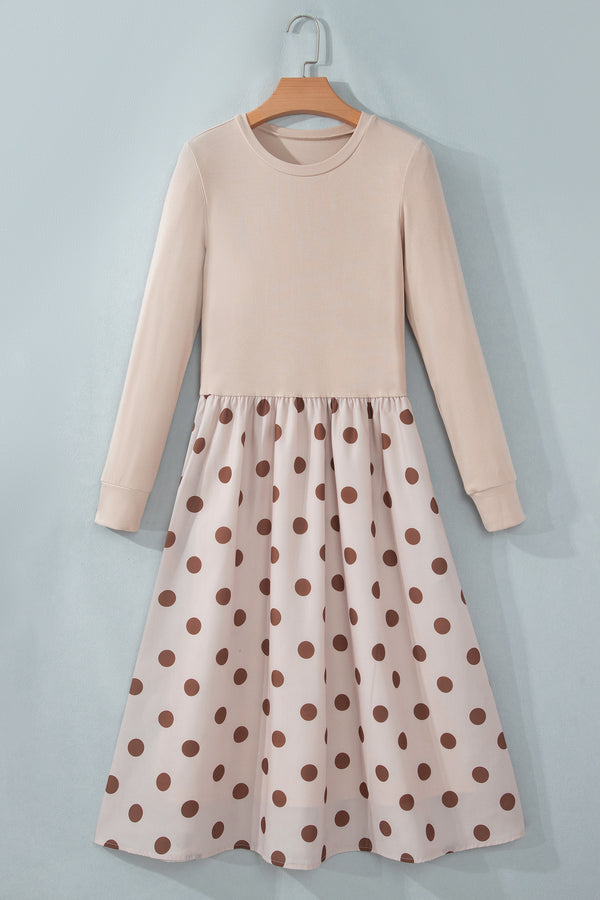 Beige Polka Dot Midi Long Sleeve Dress