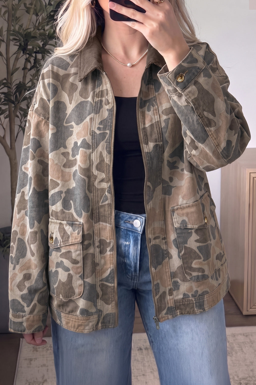 Multicolour 100% Cotton Retro Camouflage Print Corduroy Contrast Collar Zip Denim Jacket