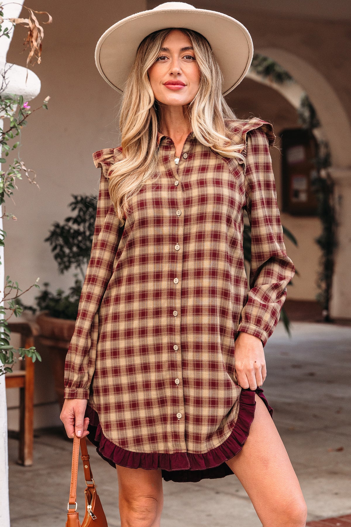 Red Plaid Print Ruffled Long Sleeve Patchwork Hem Mini Shirt Dress Main image