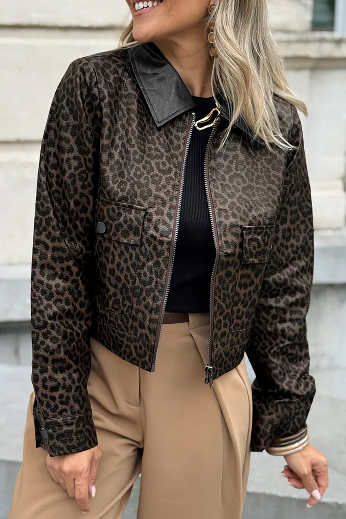 Multicolour Leopard Print Colorblock Collar Metal Placket Jacket Main image