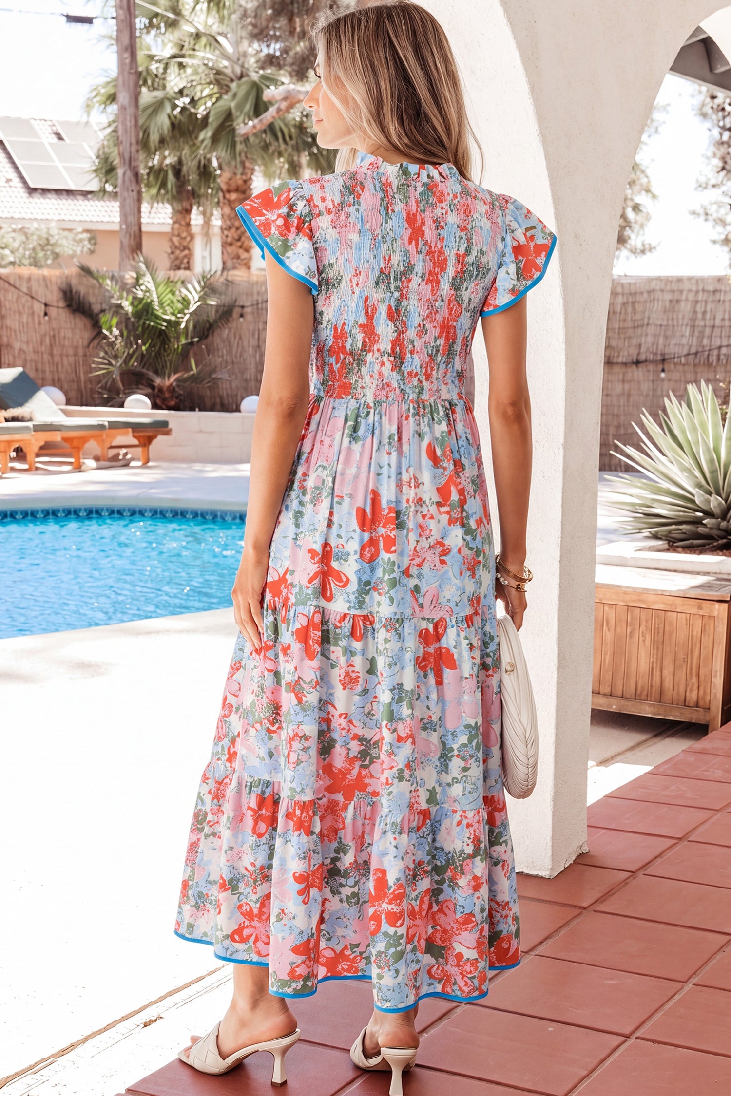 Apricot Floral Print V Neck Contrast Trim Flutter Sleeve Long Dress Secondary image