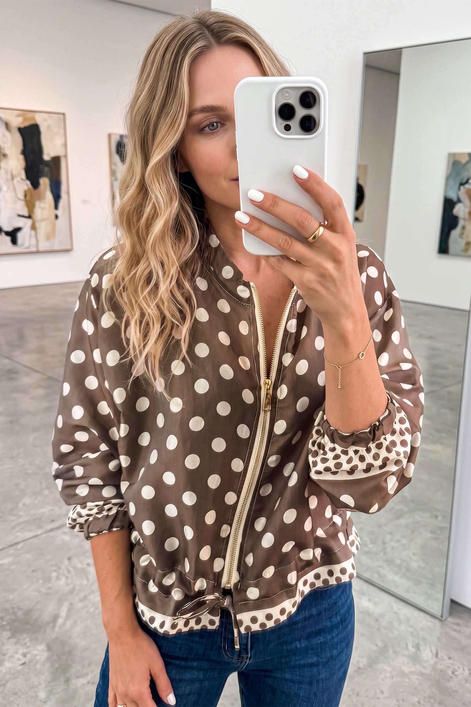 Brown Polka Dot Contrast Detail Zip-Up Long Sleeve Shacket Secondary image