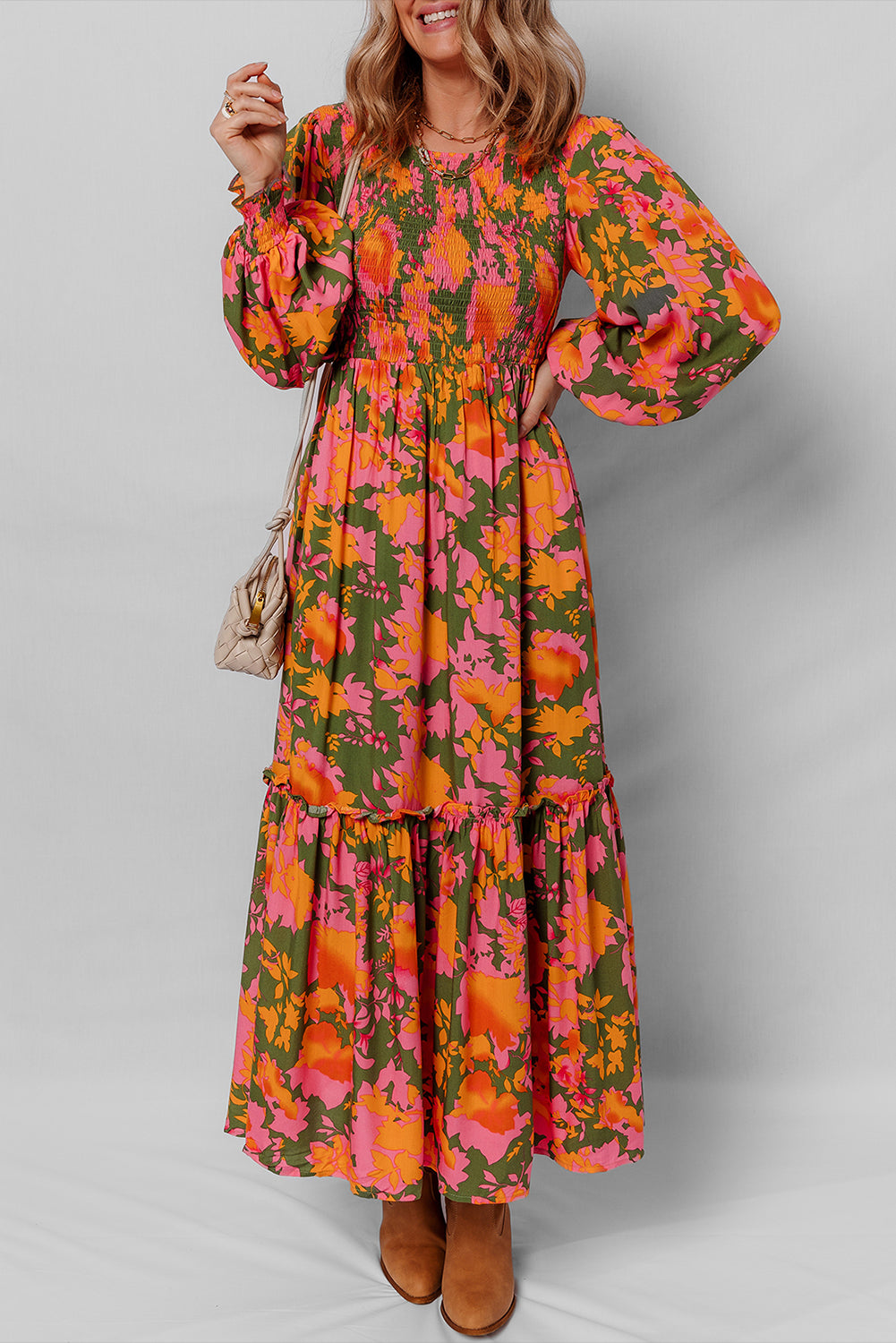 Orange Floral Puff Sleeve Smocked Bodice Ruffled Long Dress Main image