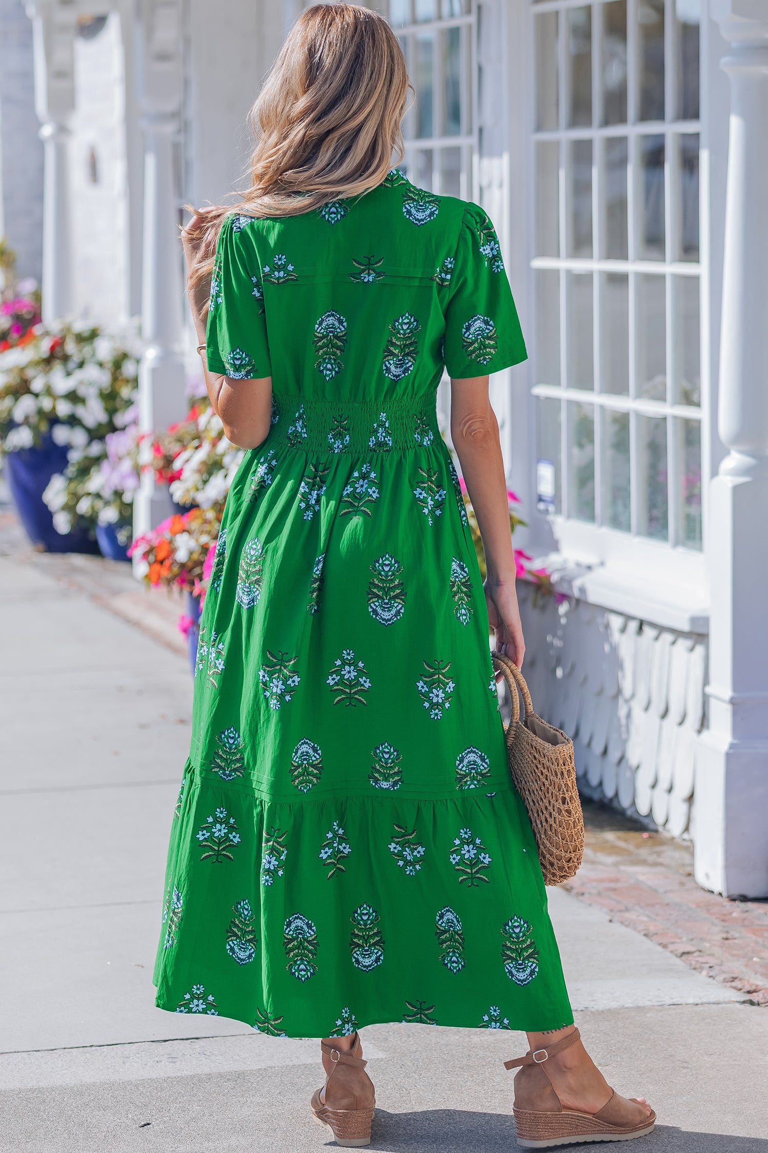 Green Floral Print Split Neck Shirred High Waist Ruffle Hem Maxi Dress Secondary image