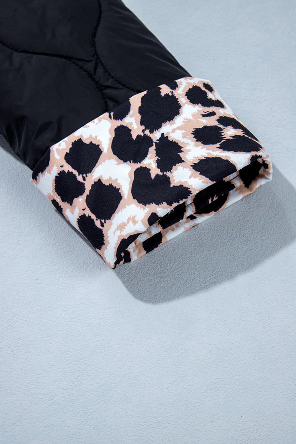 Black Retro Quilted Leopard Cuff Button Down Puffer Jacket