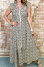 Beige Leopard Zip Front V Neck Cinched Waist Sleeveless Maxi Dress