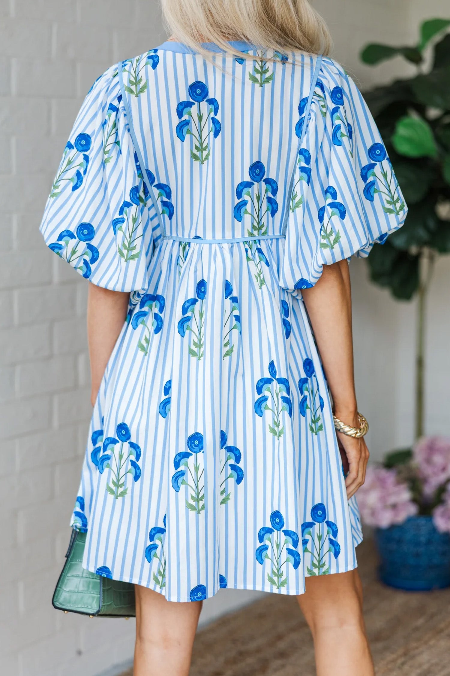 Sky Blue Floral Striped Print Tie Notched Neck Puff Sleeve Flared Mini Dress Secondary image