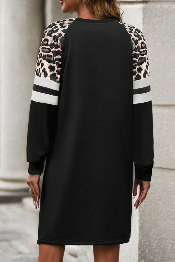 Black Leopard Print Patchwork Varsity Raglan Sleeve Sweatshirt Dress