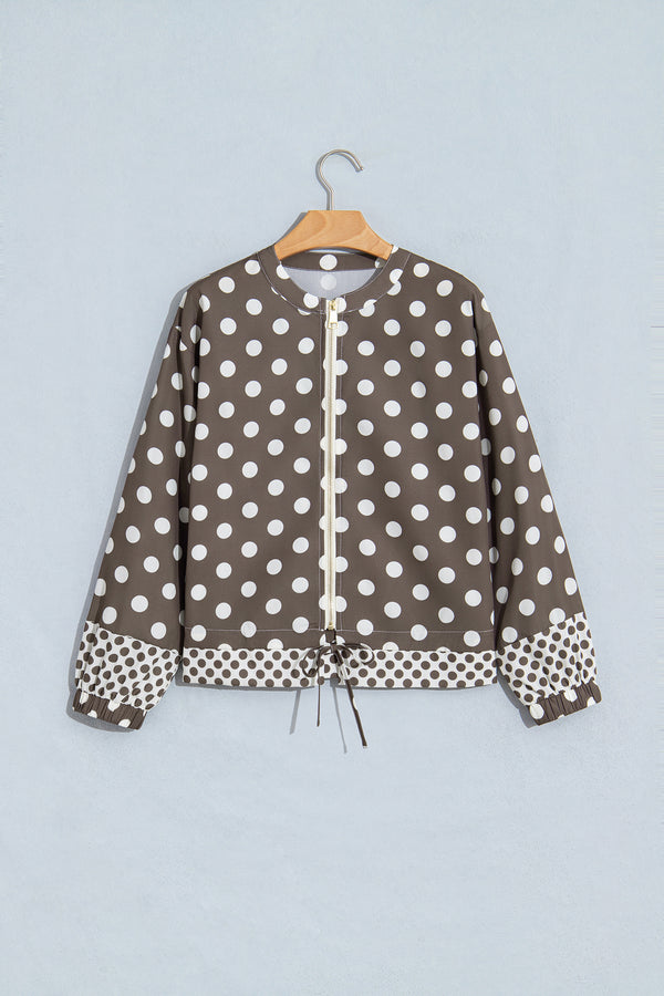 Brown Polka Dot Contrast Detail Zip-Up Long Sleeve Shacket