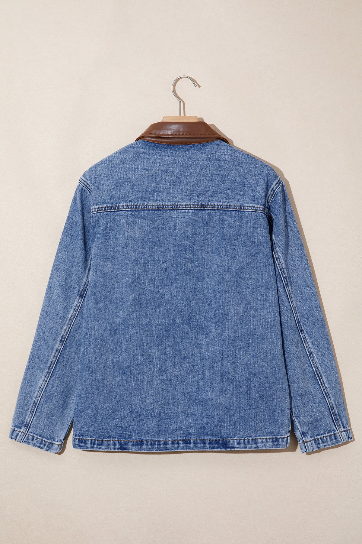 Sky Blue Patchwork Faux Leather Collar Long Sleeve Denim Jacket
