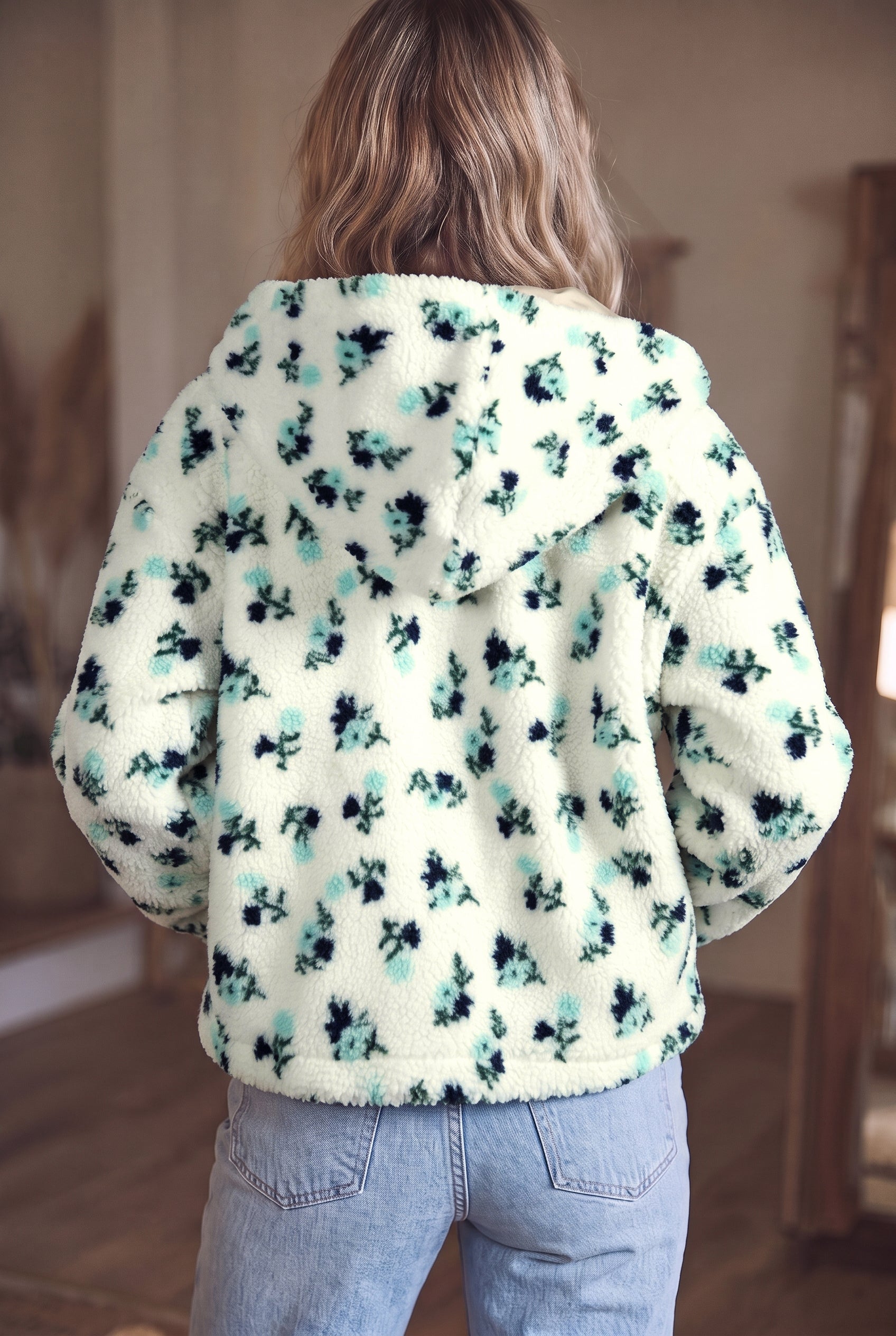 White Floral Print Faux Fur Hooded Metal Zip-up Winter Jacket Secondary image