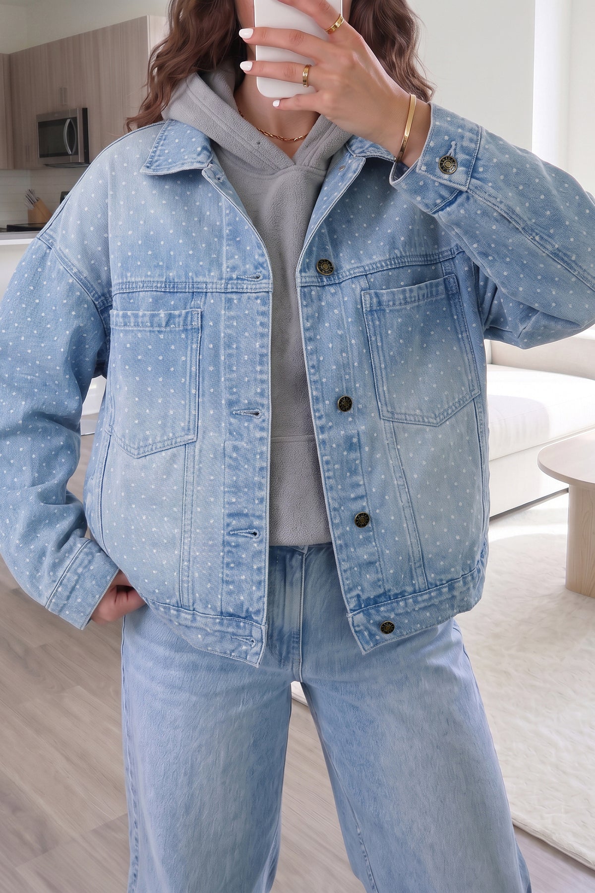 Sky Blue Polka Dot Long Sleeve Collar Pocket Casual Shift Silhouette Denim Jacket Main image
