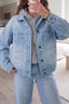 Sky Blue Polka Dot Long Sleeve Collar Pocket Casual Shift Silhouette Denim Jacket