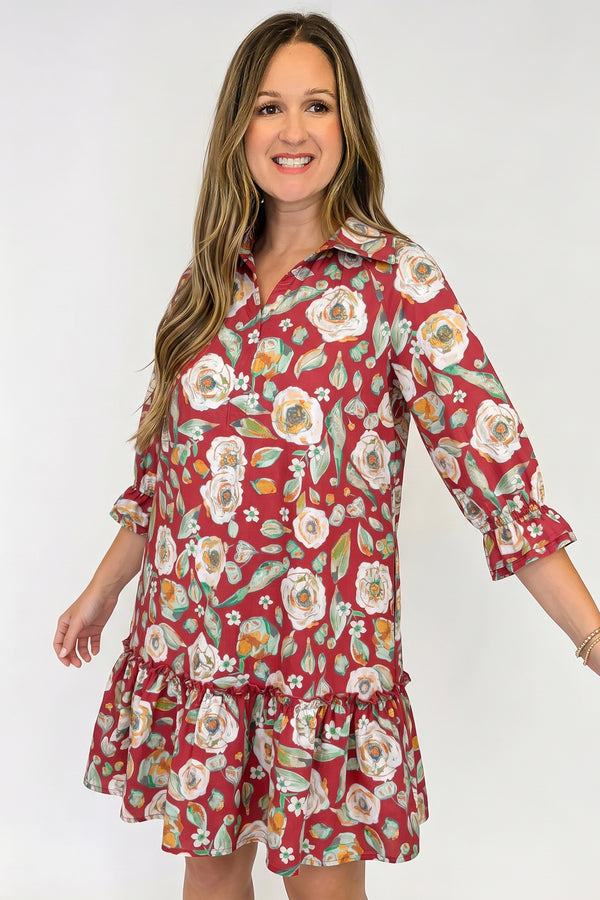 Red 100% Cotton Floral Print Half Sleeve Short Shift Dress