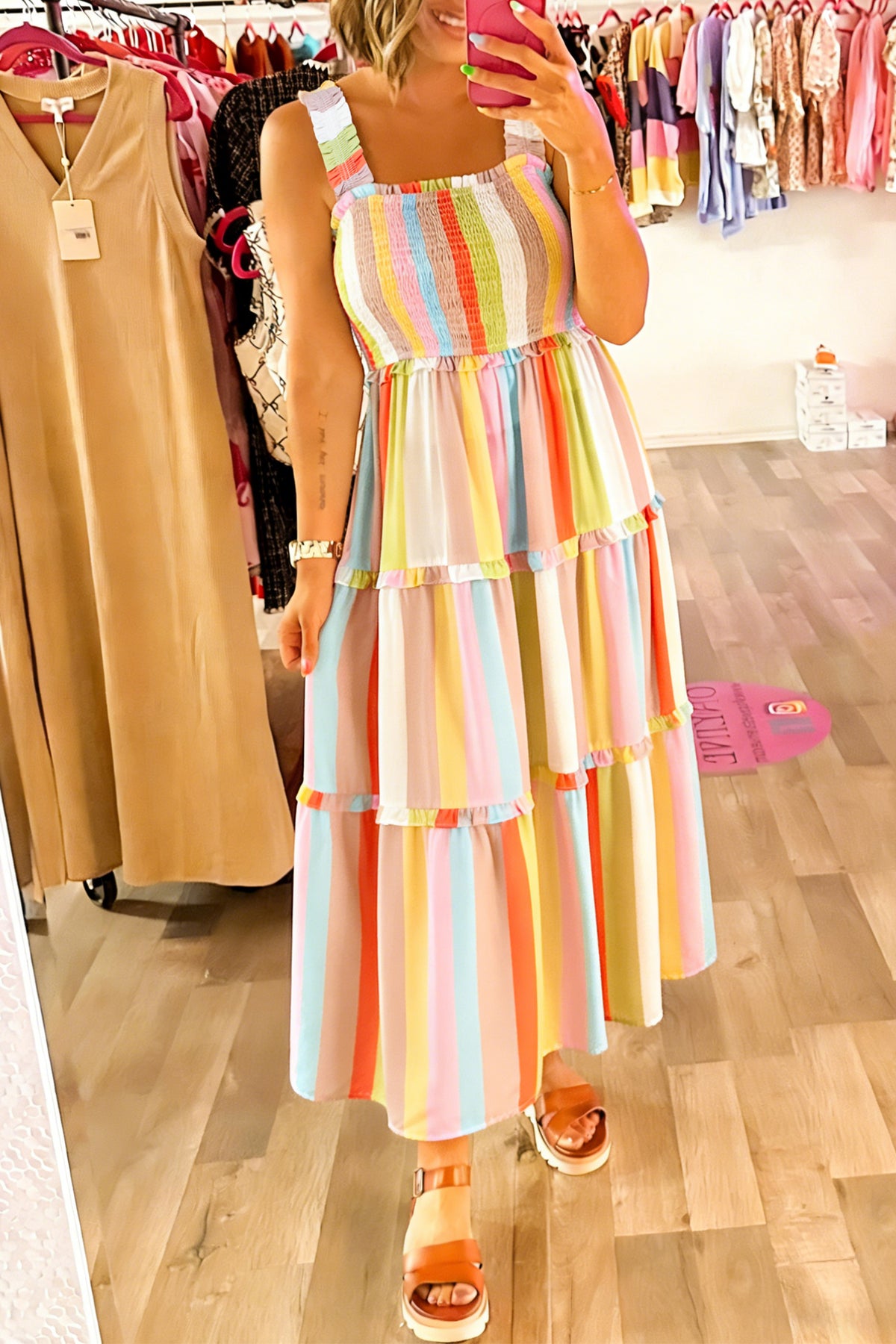 Green Striped Print Shirred Frilly Tiered Maxi Dress Main image