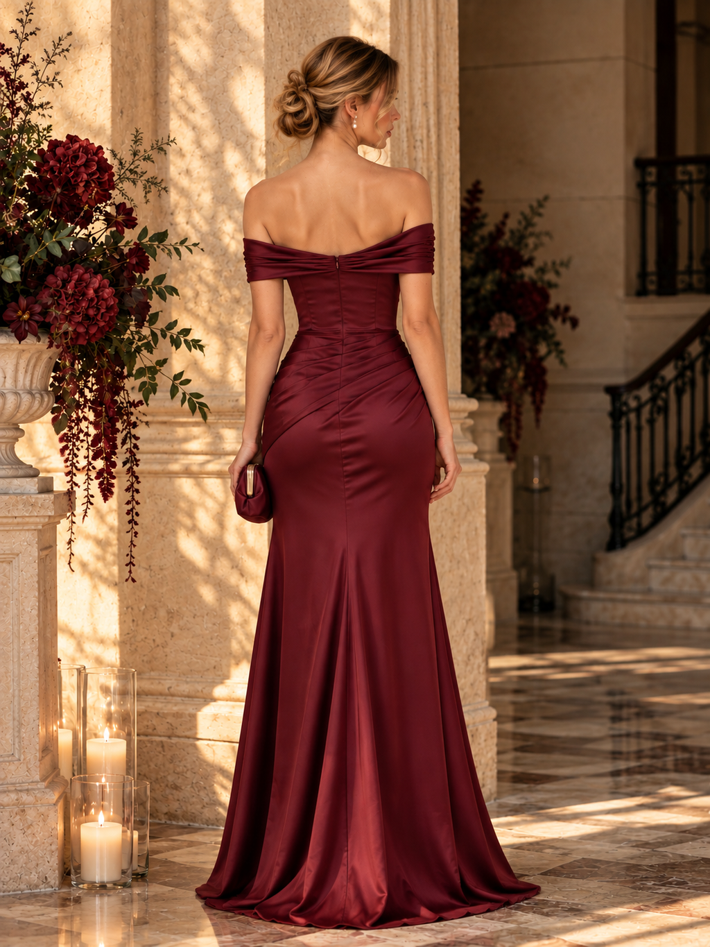 Wholesale Burgundy Off Shoulder Mermaid Evening Gown