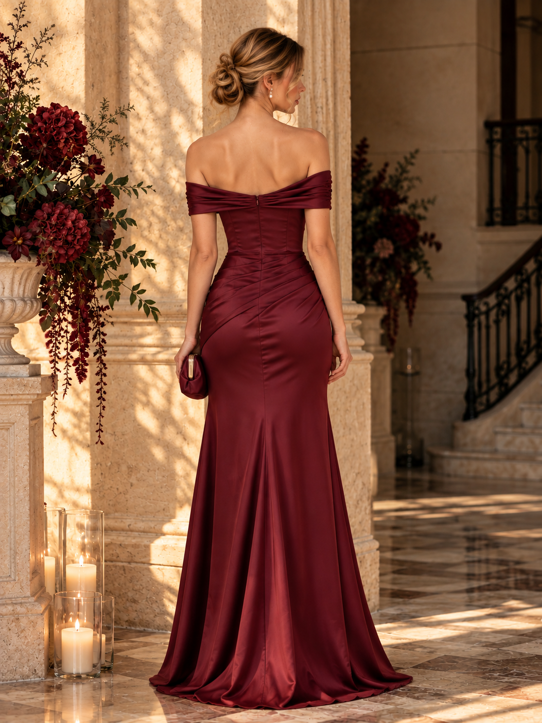 Wholesale Burgundy Off Shoulder Mermaid Evening Gown